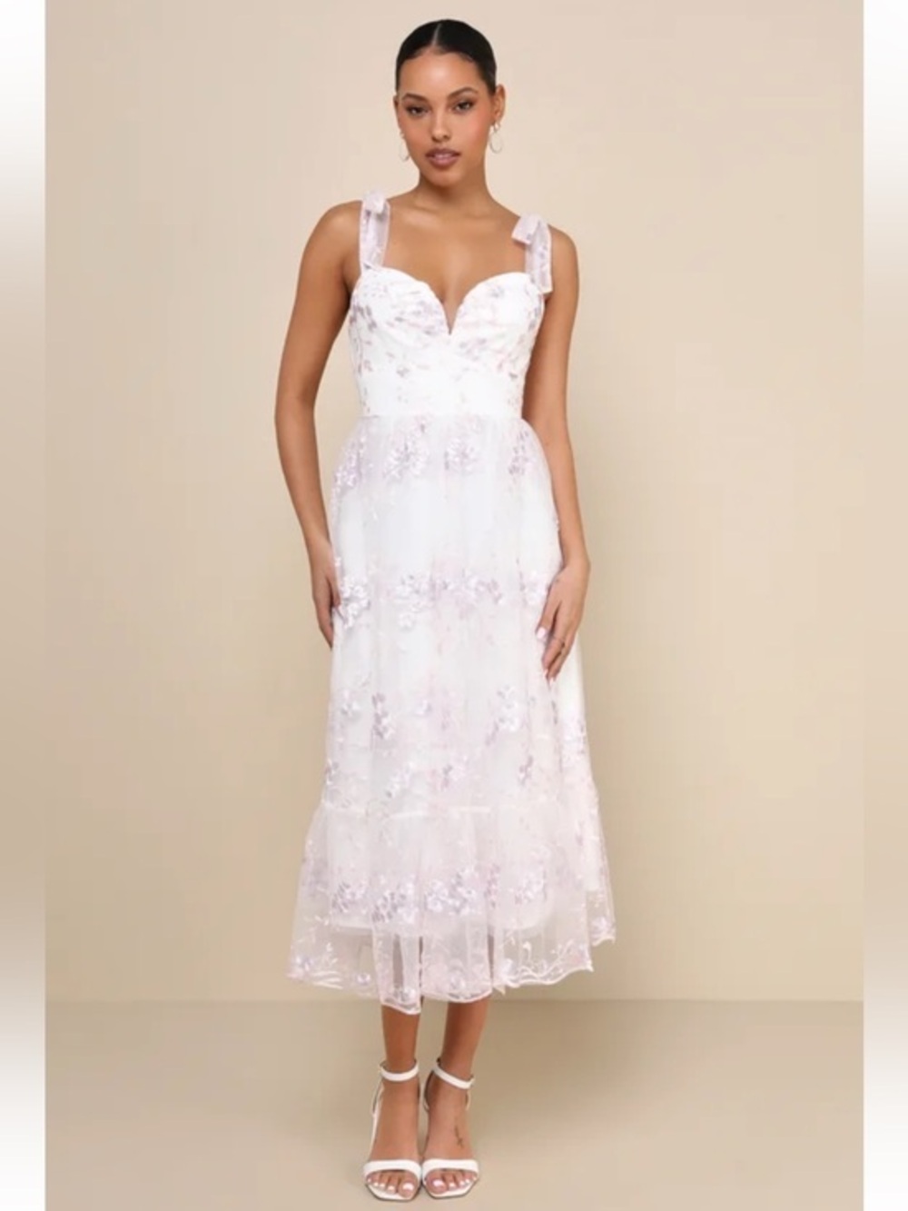 NWT Lulus Distinctly Sweet White Floral Embroidered Tie-Strap Midi Dress